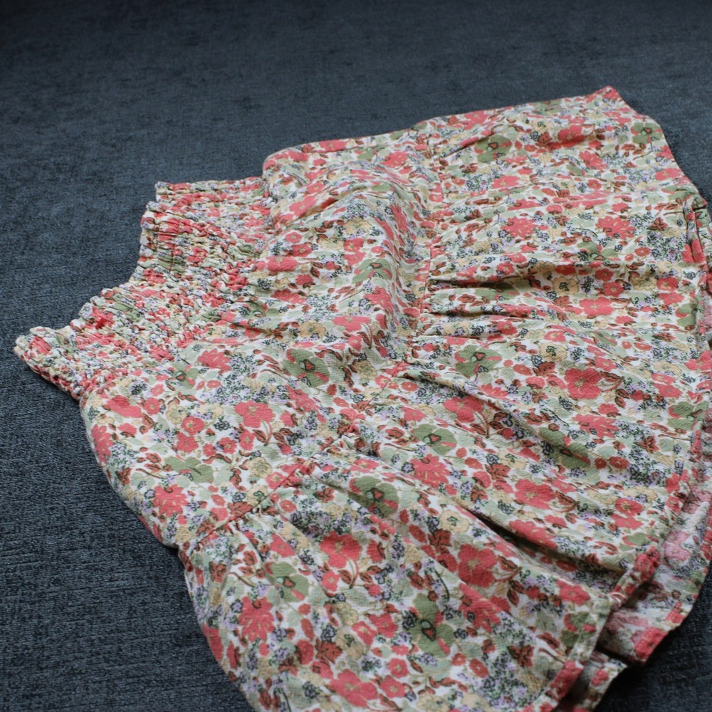 Universal Thread Floral Smocked Waist Tiered Mini Skirt XS Coral Green Cotton